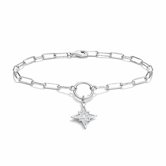 Bracelet femme SUPERNOVA BABY – chaîne forçat à maillons rectangulaires scintillante, anneau ajouré & pendentif étoile polaire sertie de zircons et argent 925 – bijoux fait main en argent 925 | Pitch & Néo