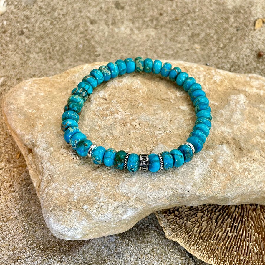 Bracelet homme BLUE PORN – perles rondelles de jaspe impérial 8 mm, donut signature et argent 925 – bijoux fait main en argent 925 | Pitch & Néo