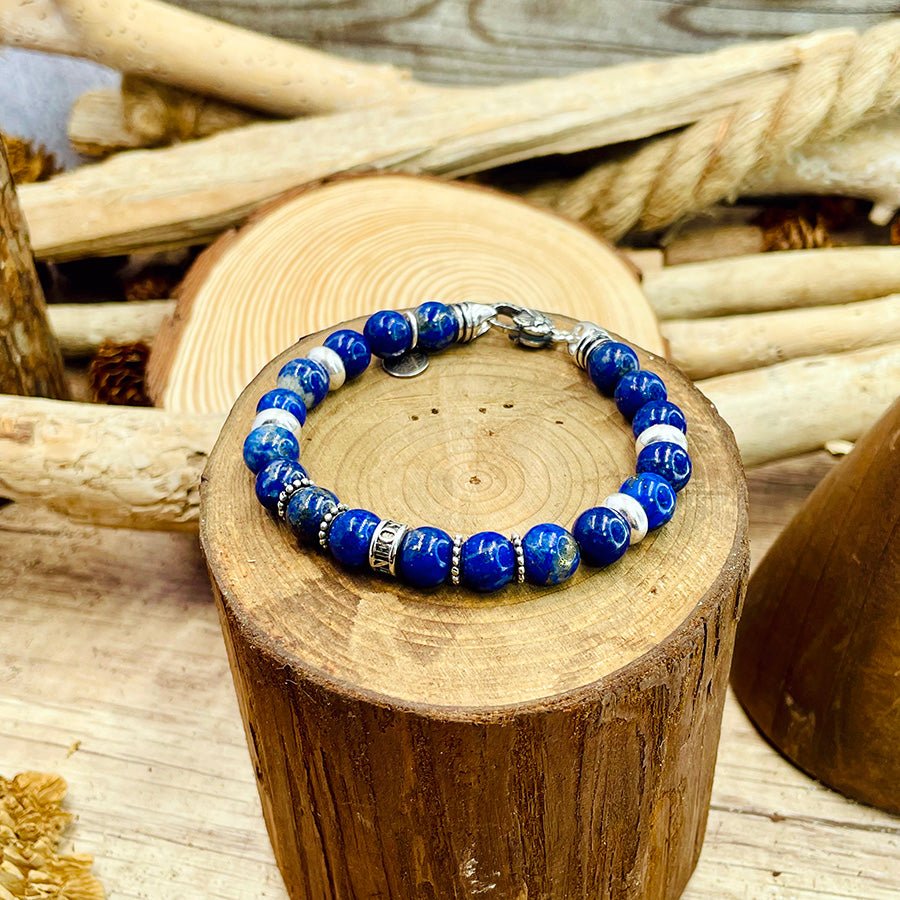 Bracelet homme BLUE VICE – perles de lapis - lazuli 8 mm, donut artisanal et fermoir mousqueton argent 925 – bijoux fait main en argent 925 | Pitch & Néo