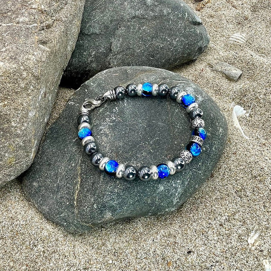 Bracelet homme DARK NEON – perles de térahertz 8 mm, intercalaire argent 925 et donut signature, fermoir en 8 argent 925 – bijoux fait main en argent 925 | Pitch & Néo