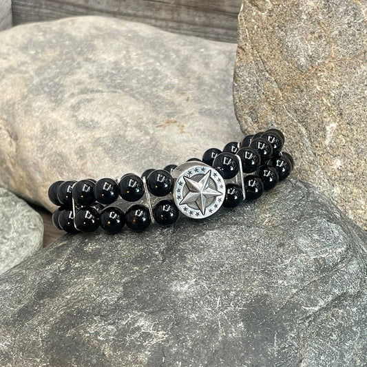 Bracelet homme double rang BLACK STAR CLUB – perles d’onyx 8 mm et palet étoile argent 925 – bijoux fait main en argent 925 | Pitch & Néo