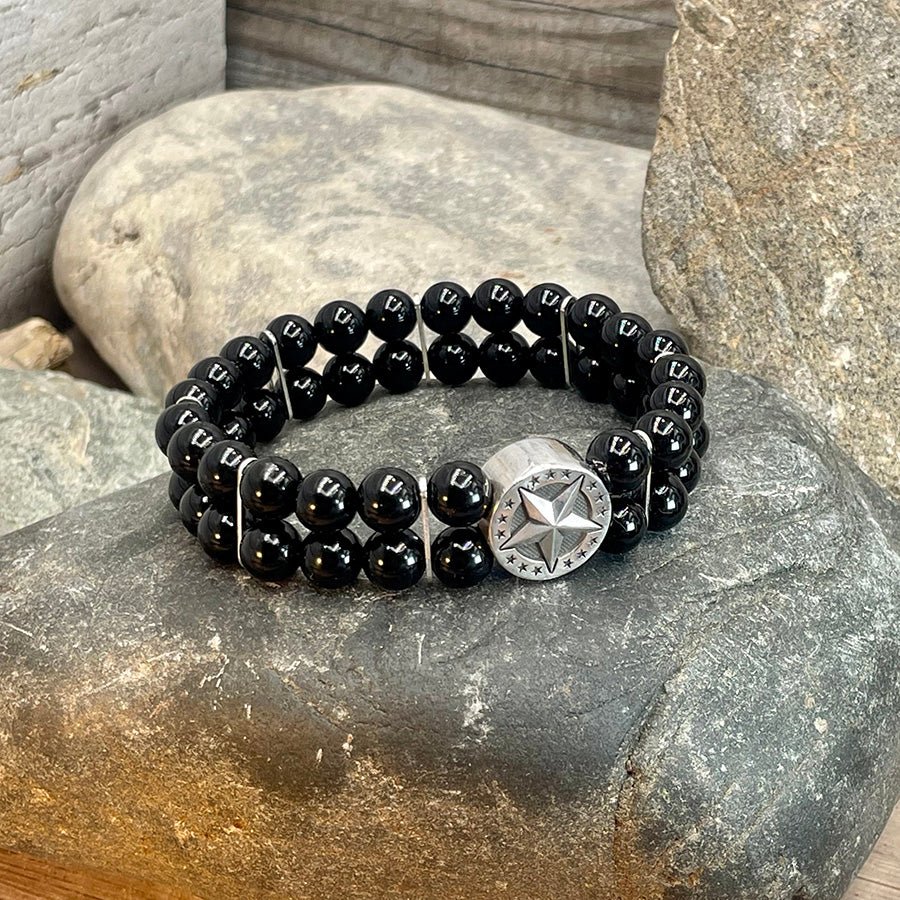 Bracelet homme double rang BLACK STAR CLUB – perles d’onyx 8 mm et palet étoile argent 925 – bijoux fait main en argent 925 | Pitch & Néo