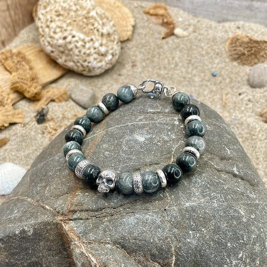 Bracelet homme EAGLE HELL – perles d’œil d’aigle 10 mm, tête de mort Pitch & Néo® et fermoir skull argent 925 – bijoux fait main en argent 925 | Pitch & Néo