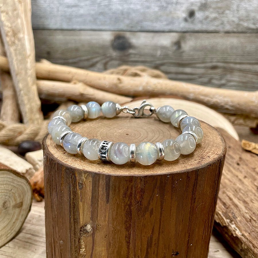 Bracelet homme FULL MOON FIASCO – perles de pierre de lune arc - en - ciel 10 mm, donuts Pitch & Néo®, intercalaires et fermoir argent 925 – bijoux fait main en argent 925 | Pitch & Néo