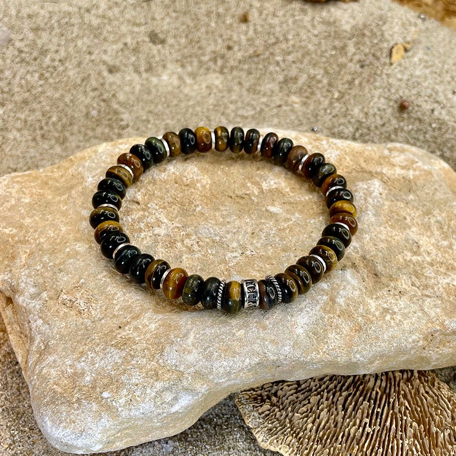 Bracelet homme GOLD DIGGER – perles rondelles d’œil de tigre 8 mm, donut signature et argent 925 – bijoux fait main en argent 925 | Pitch & Néo