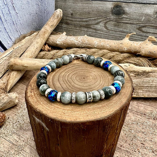 Bracelet homme OCEAN JUICE – perles d’œil d’aigle 8 mm, donut signature et fermoir mousqueton argent 925 – bijoux fait main en argent 925 | Pitch & Néo