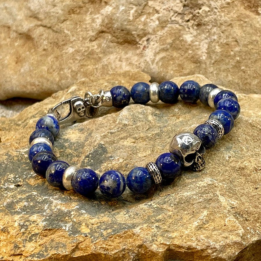 Bracelet homme ROYAL FUCKUP – perles de lapis - lazuli 10 mm, tête de mort Pitch & Néo® et fermoir dragon argent 925 – bijoux fait main en argent 925 | Pitch & Néo