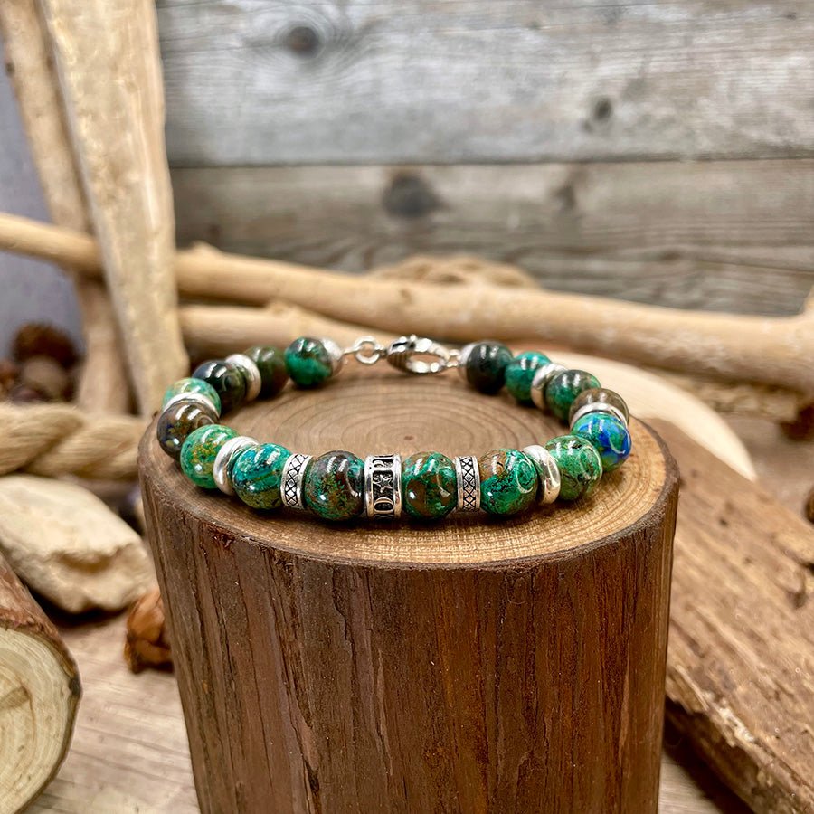 Bracelet homme SEA SICK LOVE – perles d’azurite 10 mm, donuts Pitch & Néo®, intercalaires et fermoir argent 925 – bijoux fait main en argent 925 | Pitch & Néo