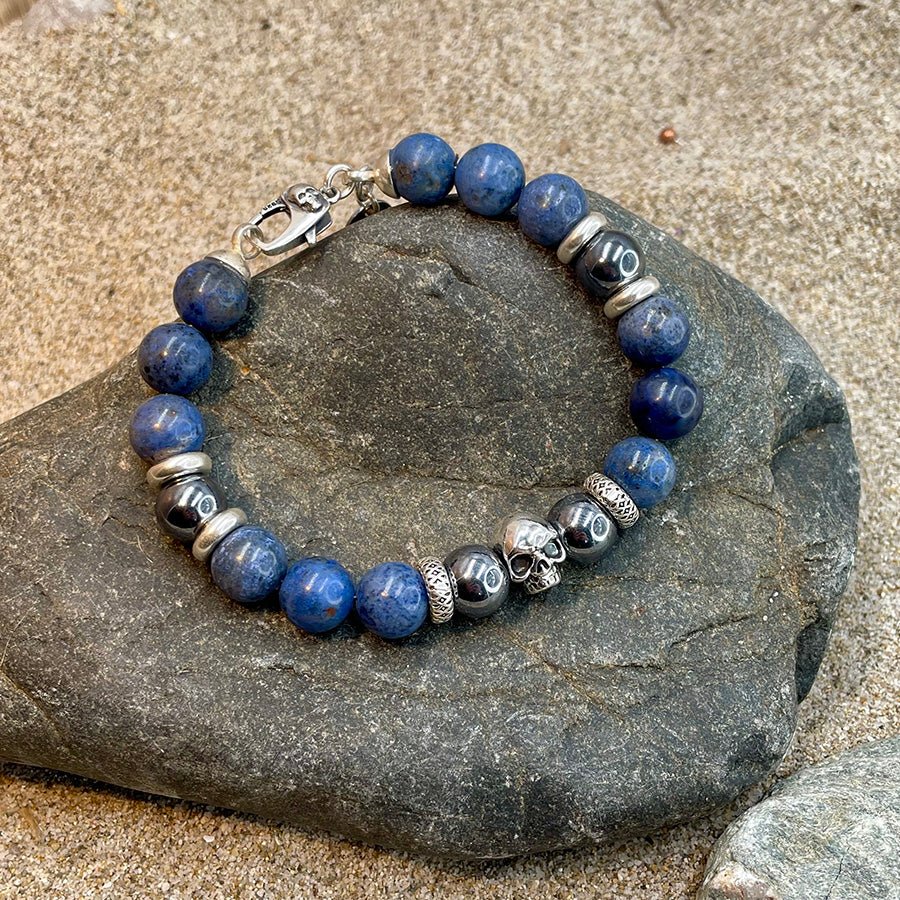 Bracelet homme SHADOW SEA – perles de diomérite 10 mm, térahertz, tête de mort Pitch & Néo® et fermoir skull argent 925 – bijoux fait main en argent 925 | Pitch & Néo