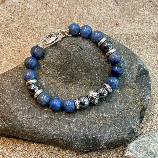 Bracelet homme SHADOW SEA – perles de diomérite 10 mm, térahertz, tête de mort Pitch & Néo® et fermoir skull argent 925 – bijoux fait main en argent 925 | Pitch & Néo