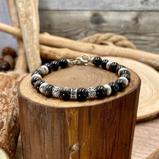 Bracelet homme SILVER BULLET – perles d’obsidienne argentée 8 mm, donut argent 925 et fermoir mousqueton – bijoux fait main en argent 925 | Pitch & Néo