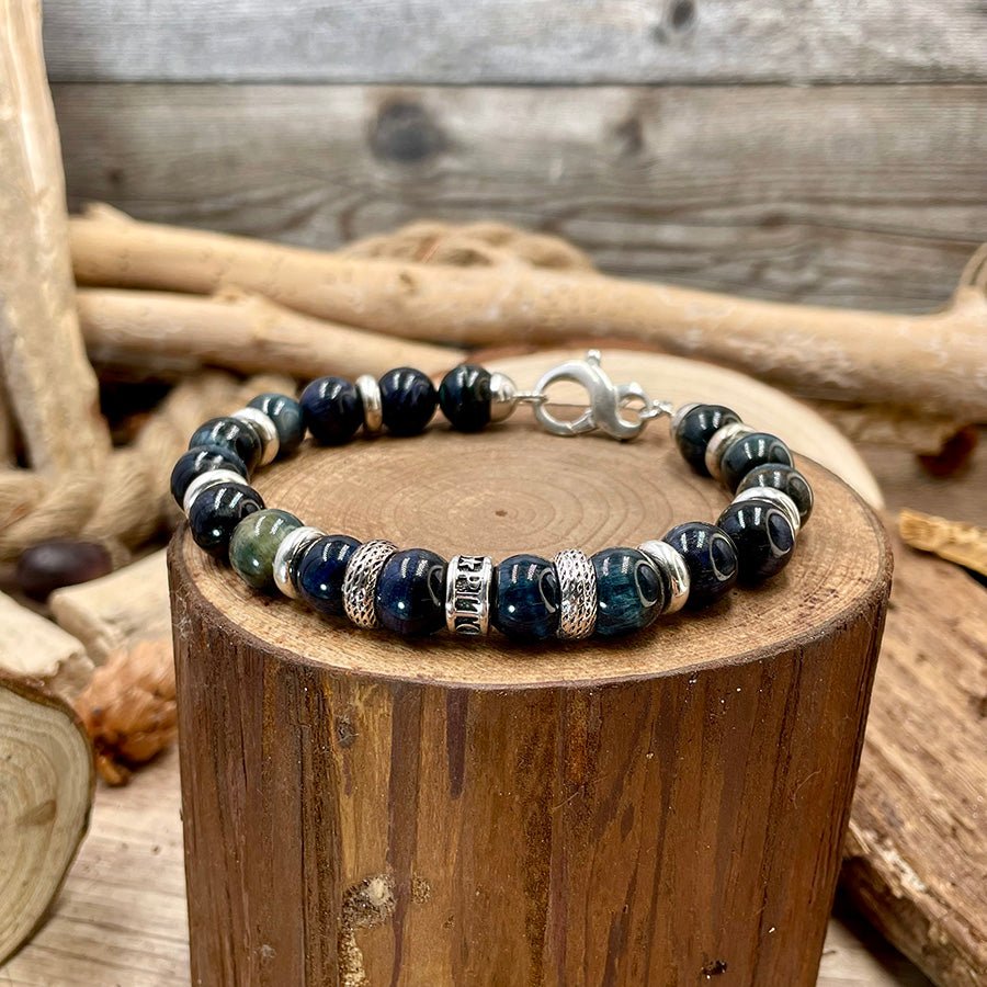 Bracelet homme SNAKE EYES – perles d’œil de faucon 10 mm, fermoir en 8 et argent 925 – bijoux fait main en argent 925 | Pitch & Néo