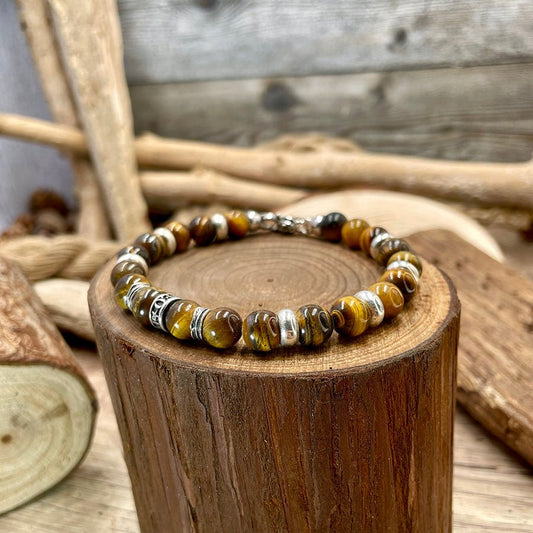 Bracelet homme TIGER BLOOD – perles rondes d’œil de tigre 8 mm, fermoir mousqueton et argent 925 – bijoux fait main en argent 925 | Pitch & Néo