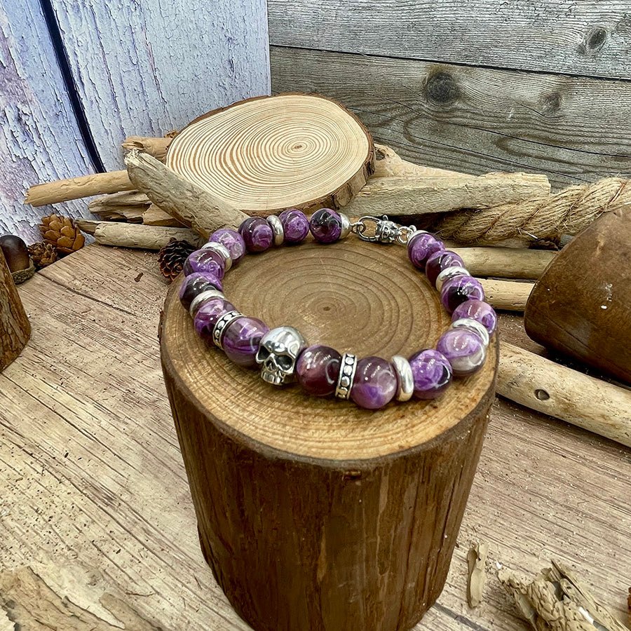 Bracelet homme VOODOO BONES – perles de lépidolite 10 mm, tête de mort et fermoir skull argent 925 – bijoux fait main en argent 925 | Pitch & Néo