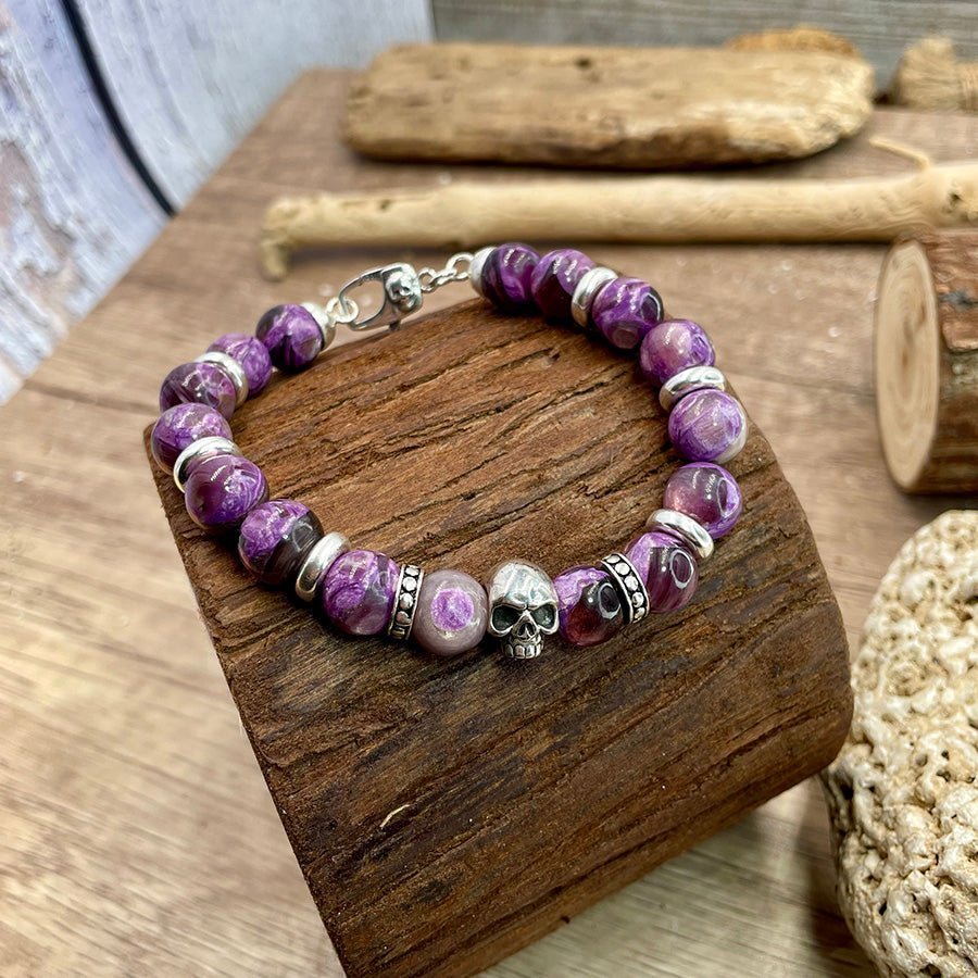 Bracelet homme VOODOO BONES – perles de lépidolite 10 mm, tête de mort et fermoir skull argent 925 – bijoux fait main en argent 925 | Pitch & Néo