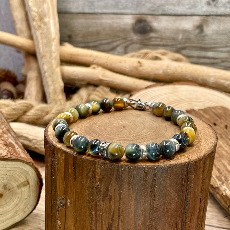 Bracelet homme WILD KARMA – perles d’œil de tigre multicolore 8 mm, donut artisanal et fermoir mousqueton argent 925 – bijoux fait main en argent 925 | Pitch & Néo