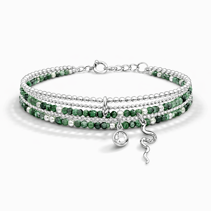 Bracelet multi - rang femme argent 925 ANGEL FACE, BAD INTENTIONS – perles de séraphinite, breloques serpent et solitaire zircon – bijoux fait main en argent 925 | Pitch & Néo