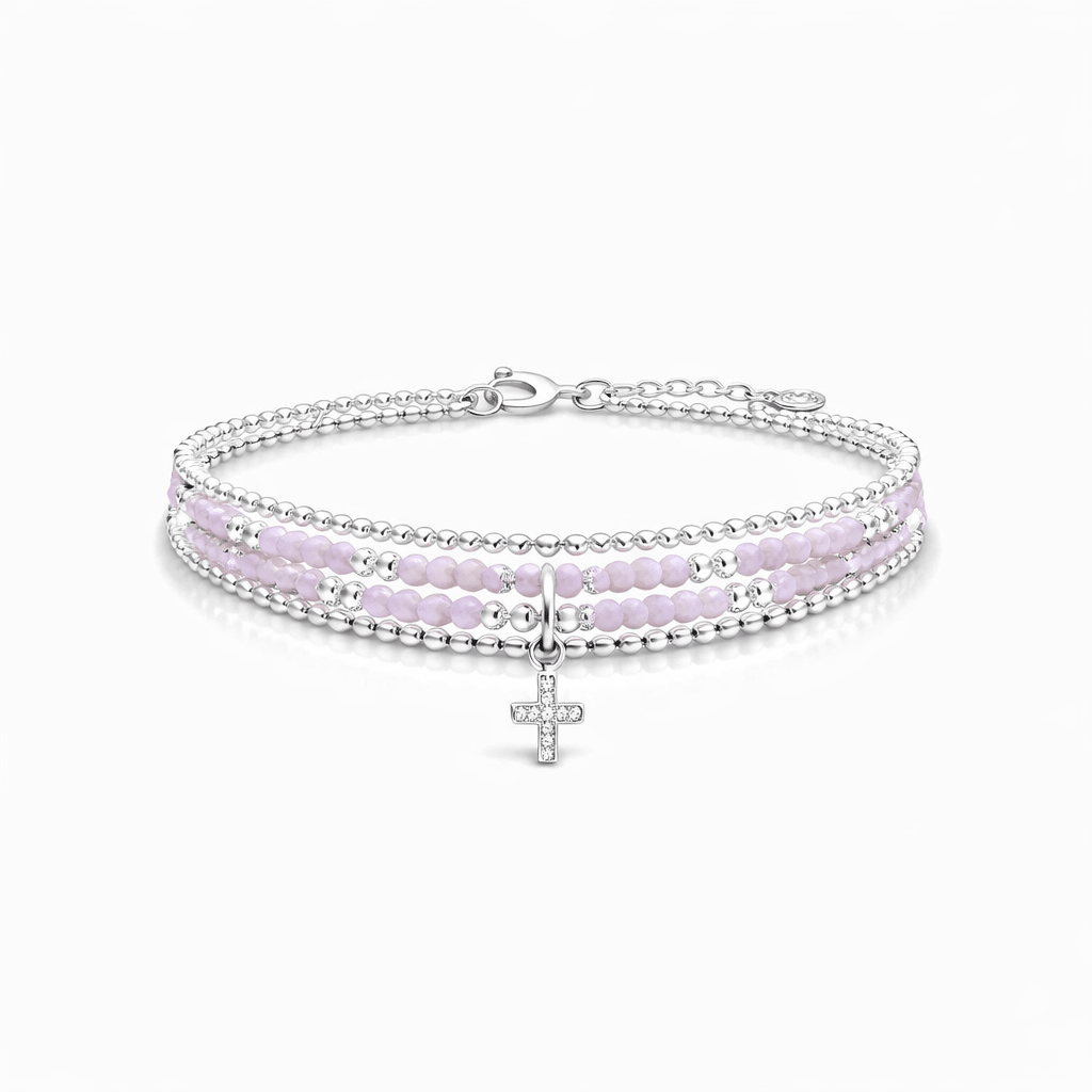 Bracelet multi - rang femme argent 925 BABY PINK - perles de kunzite & pendentif croix zircon – bijoux fait main en argent 925 | Pitch & Néo