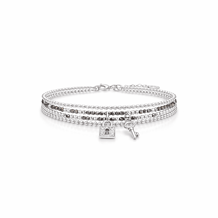 Bracelet multi - rang femme argent 925 COFFEE SHOP perles de cristal mordoré & pendentif cadenas et clé zircon – bijoux fait main en argent 925 | Pitch & Néo