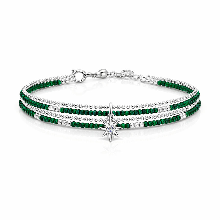 Bracelet multi - rang femme argent 925 DROP IT LIKE IT’S GREEN – perles de malachite & pendentif étoile du Nord zircon façon diamant – bijoux fait main en argent 925 | Pitch & Néo