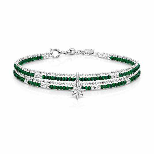Bracelet multi - rang femme argent 925 DROP IT LIKE IT’S GREEN – perles de malachite & pendentif étoile du Nord zircon façon diamant – bijoux fait main en argent 925 | Pitch & Néo