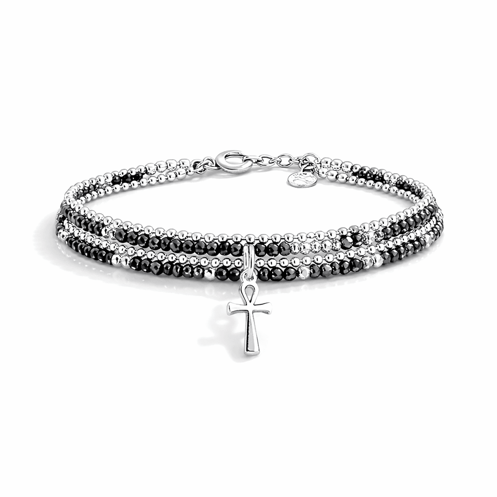 Bracelet multi - rang femme argent 925 ETERNAL BLING – perles d’hématite facettées & pendentif croix de vie Ankh – bijoux fait main en argent 925 | Pitch & Néo