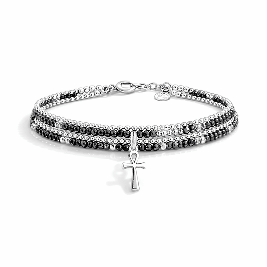 Bracelet multi - rang femme argent 925 ETERNAL BLING – perles d’hématite facettées & pendentif croix de vie Ankh – bijoux fait main en argent 925 | Pitch & Néo