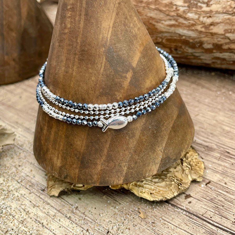 Bracelet multi - rang femme argent 925 – FISH ME HARD, pendentif poisson miroir et perles de térahertz facettées – bijoux fait main en argent 925 | Pitch & Néo