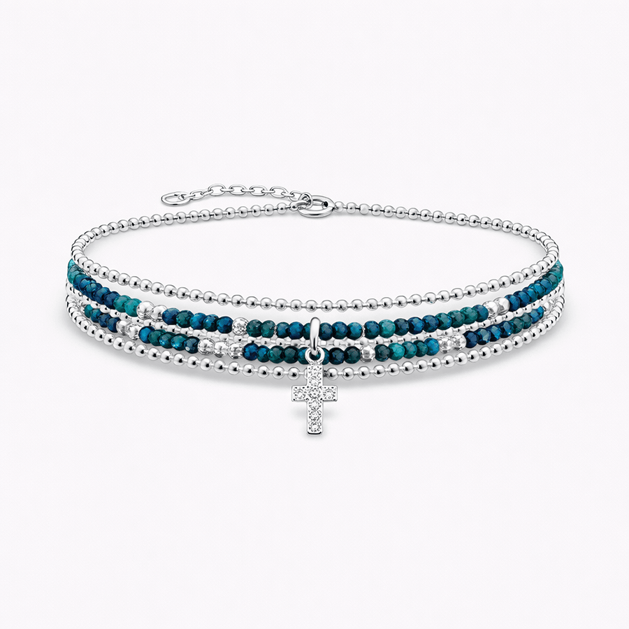 Bracelet multi - rang femme argent 925 HALLELU - YEAH – perles de chrysocolle, pendentif croix zircon – bijoux fait main en argent 925 | Pitch & Néo