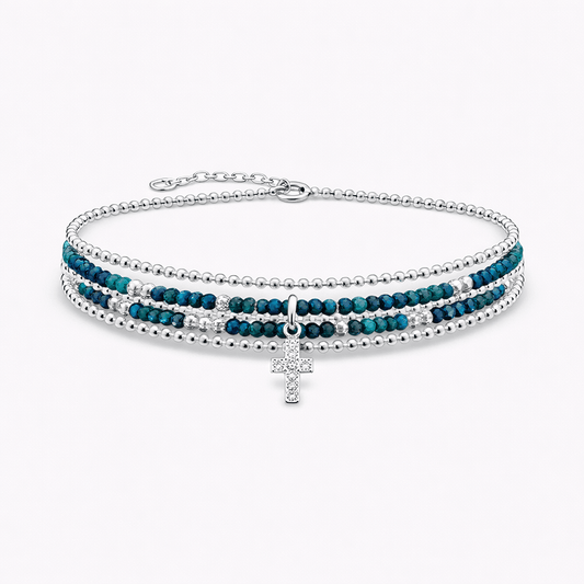 Bracelet multi - rang femme argent 925 HALLELU - YEAH – perles de chrysocolle, pendentif croix zircon – bijoux fait main en argent 925 | Pitch & Néo