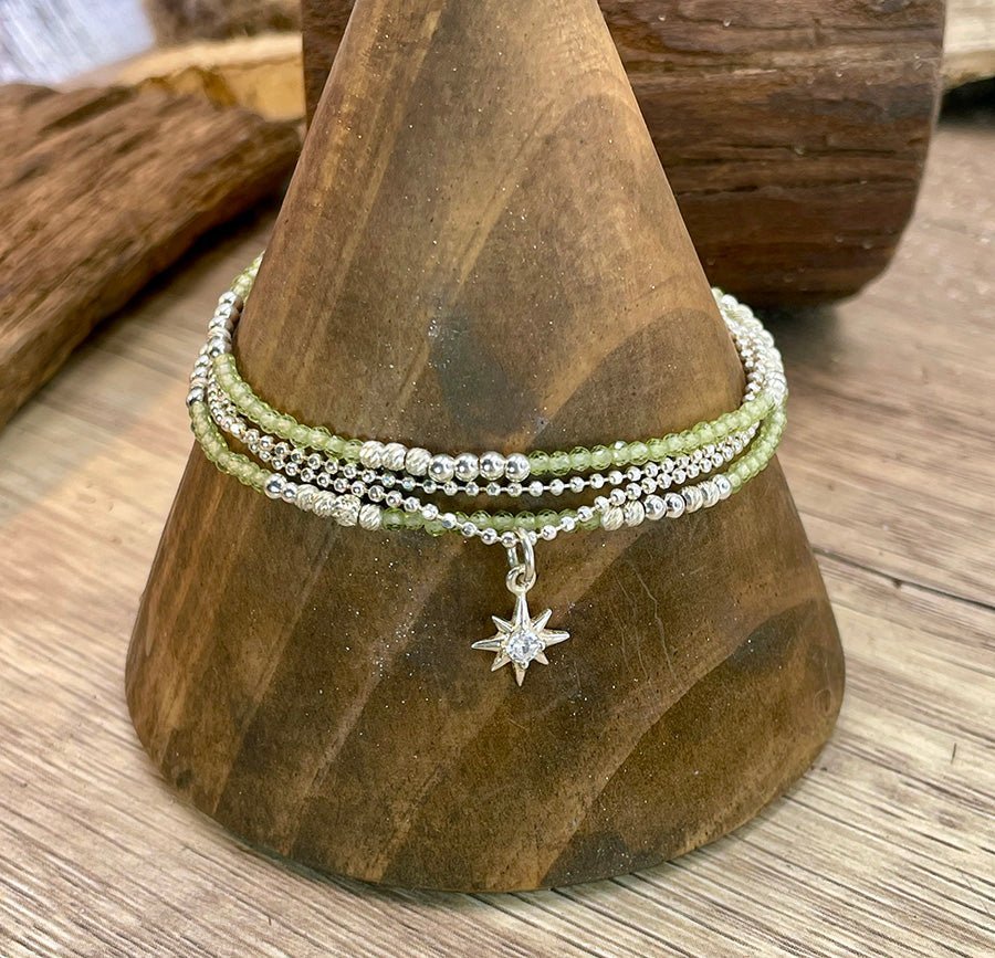 Bracelet multi - rang femme argent 925 MELON BALL - perles de péridot & pendentif étoile polaire zircon – bijoux fait main en argent 925 | Pitch & Néo