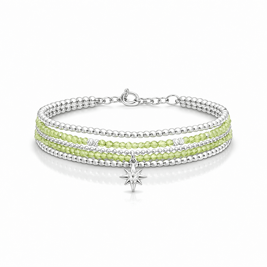 Bracelet multi - rang femme argent 925 MELON BALL - perles de péridot & pendentif étoile polaire zircon – bijoux fait main en argent 925 | Pitch & Néo