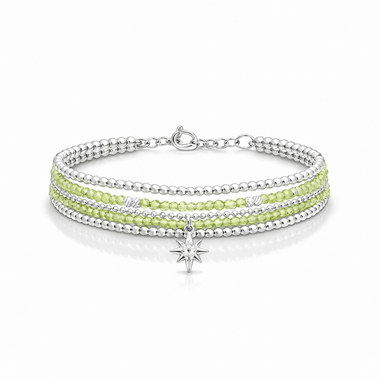 Bracelet multi - rang femme argent 925 MELON BALL - perles de péridot & pendentif étoile polaire zircon – bijoux fait main en argent 925 | Pitch & Néo