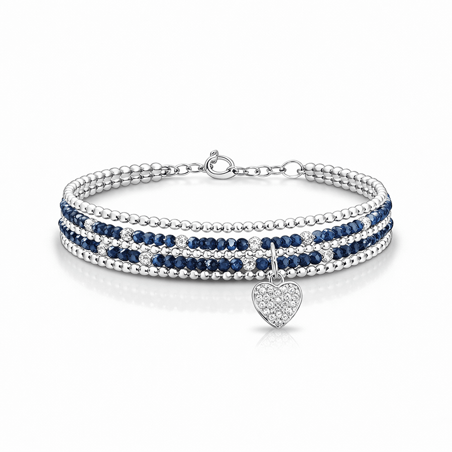 Bracelet multi - rang femme argent 925 NO HEART LEFT TO BREAK – perles de saphir & pendentif cœur zircon – bijoux fait main en argent 925 | Pitch & Néo