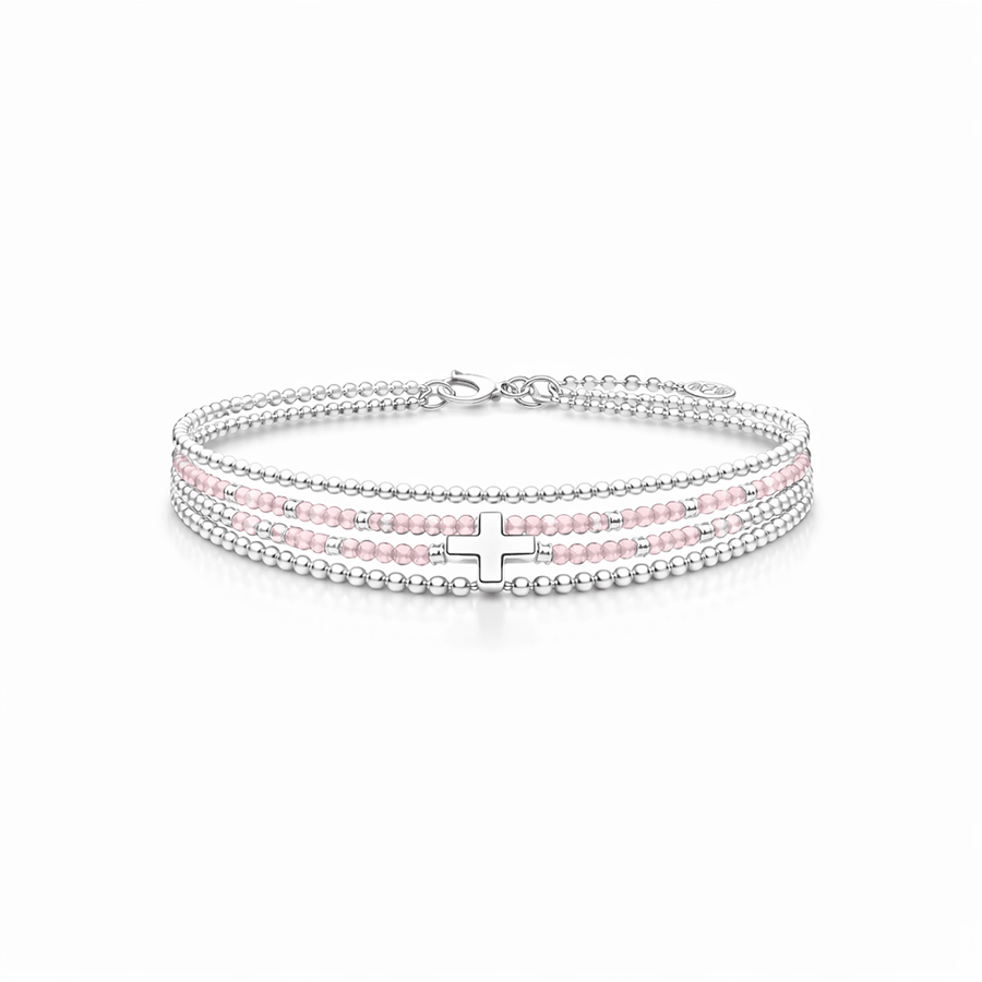 Bracelet multi - rang femme argent 925 – PASTELLO pendentif croix et perles de quartz rose – bijoux fait main en argent 925 | Pitch & Néo