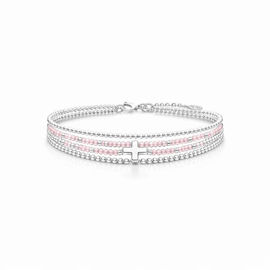 Bracelet multi - rang femme argent 925 – PASTELLO pendentif croix et perles de quartz rose – bijoux fait main en argent 925 | Pitch & Néo