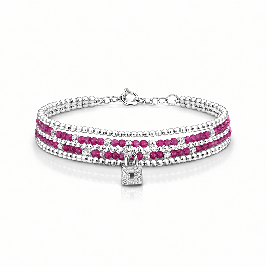 Bracelet multi - rang femme argent 925 PRIVATE RUBY CLUB – perles de rubis framboise & pendentif cadenas zircon – bijoux fait main en argent 925 | Pitch & Néo
