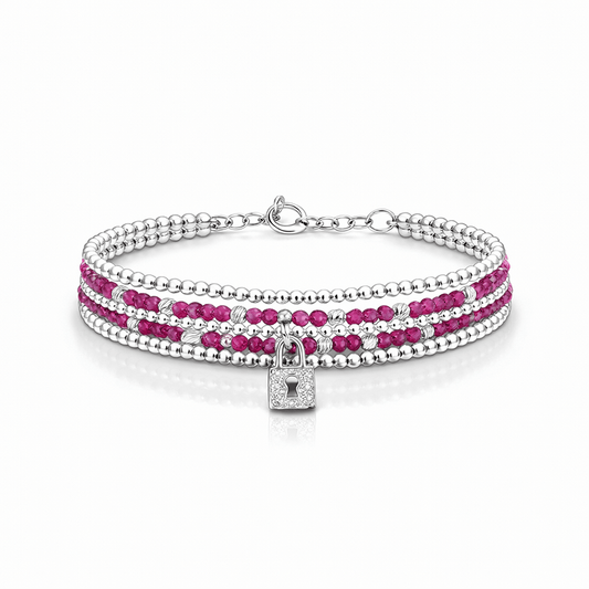 Bracelet multi - rang femme argent 925 PRIVATE RUBY CLUB – perles de rubis framboise & pendentif cadenas zircon – bijoux fait main en argent 925 | Pitch & Néo