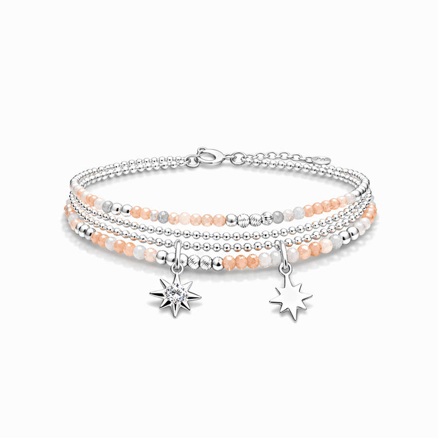 Bracelet multi - rang femme argent 925 SHINE ME UP, SUNRISE – perles d’aventurine rose & pendentif étoile du Nord zircon – bijoux fait main en argent 925 | Pitch & Néo