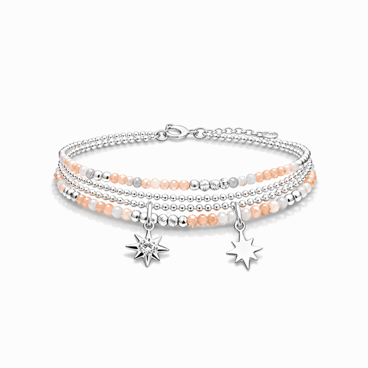 Bracelet multi - rang femme argent 925 SHINE ME UP, SUNRISE – perles d’aventurine rose & pendentif étoile du Nord zircon – bijoux fait main en argent 925 | Pitch & Néo