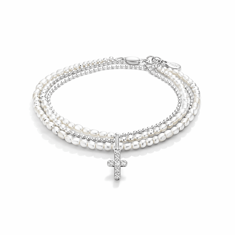 Bracelet multi - rang femme argent 925 SPREAD THE PEACE – perles de culture & pendentif croix zircon – bijoux fait main en argent 925 | Pitch & Néo