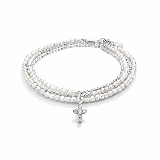Bracelet multi - rang femme argent 925 SPREAD THE PEACE – perles de culture & pendentif croix zircon – bijoux fait main en argent 925 | Pitch & Néo