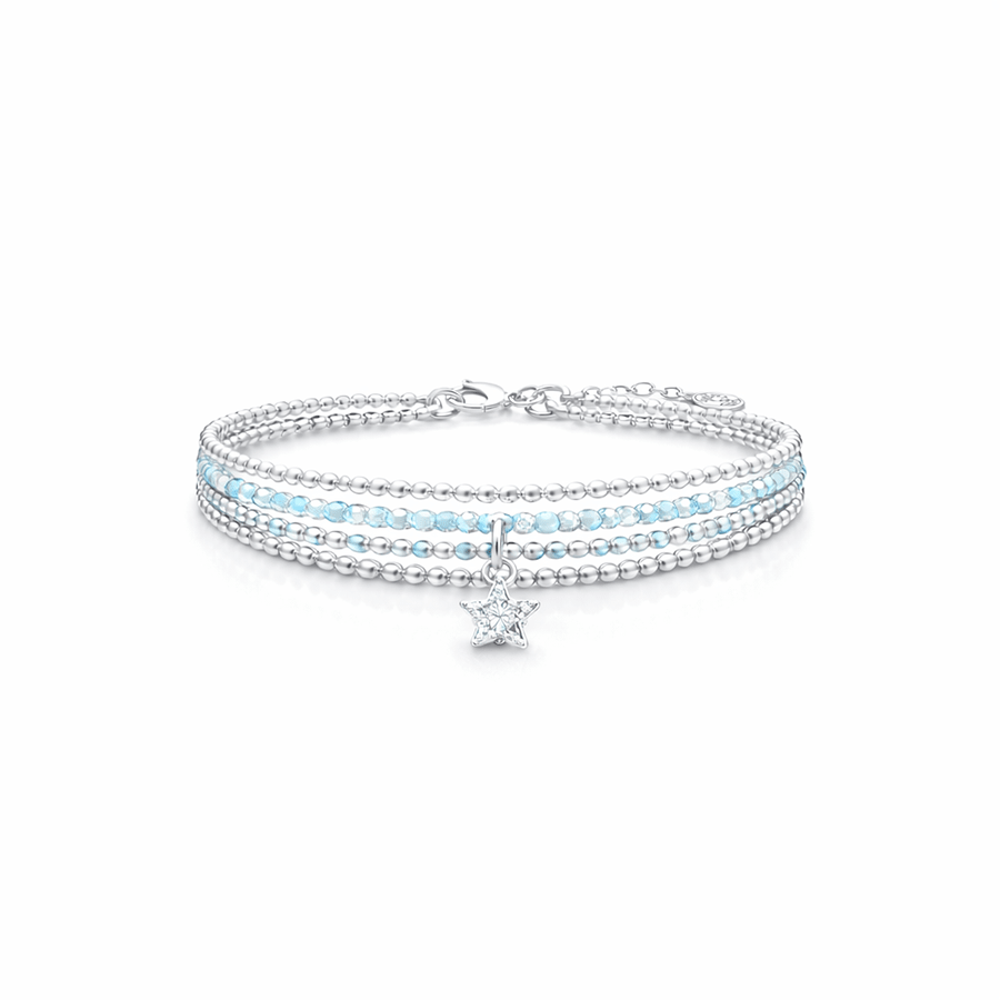 Bracelet multi - rang femme argent 925 STELLA SCINTILLA perles d'aigue - marine & pendentif étoile zircon – bijoux fait main en argent 925 | Pitch & Néo
