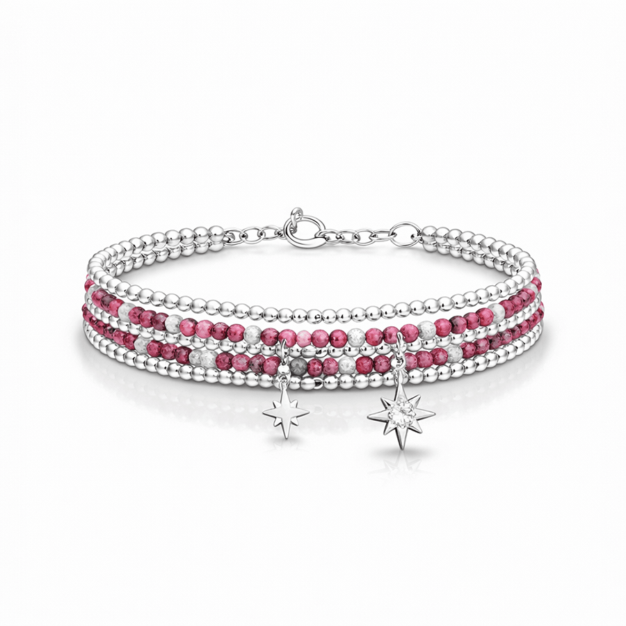 Bracelet multi - rang femme perles rhodonite double pendentif étoile polaire zircon argent 925 STARS DON’T CARE – bijoux fait main en argent 925 | Pitch & Néo