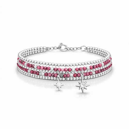 Bracelet multi - rang femme perles rhodonite double pendentif étoile polaire zircon argent 925 STARS DON’T CARE – bijoux fait main en argent 925 | Pitch & Néo