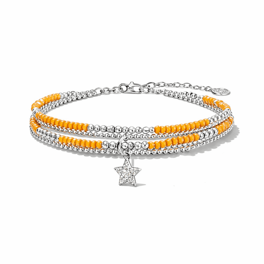Bracelet multi - rangs femme argent 925 ALABAMA SLAMMER – perles de corail bambou orange & pendentif étoile cinq branches sertie de zircons façon diamant – bijoux fait main en argent 925 | Pitch & Néo