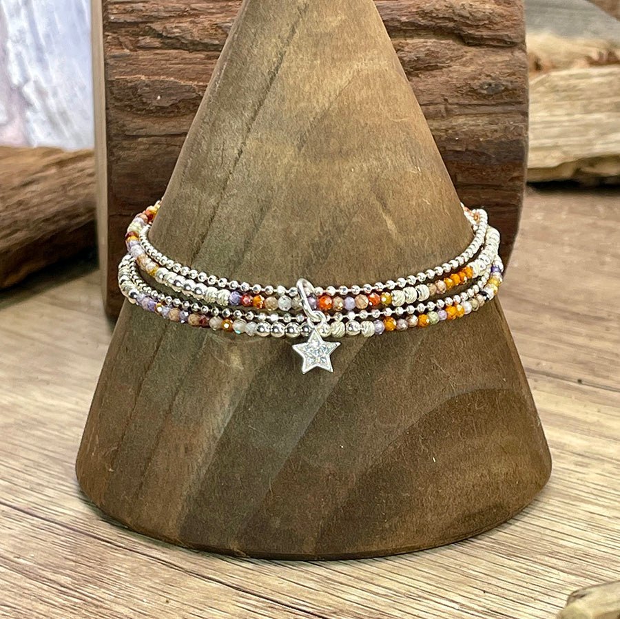 Bracelet multi - rangs femme argent 925 ETERNAL RAINBOW – perles de zircons multicolores facettées & pendentif étoile cinq branches sertie de zircons façon diamant – bijoux fait main en argent 925 | Pitch & Néo