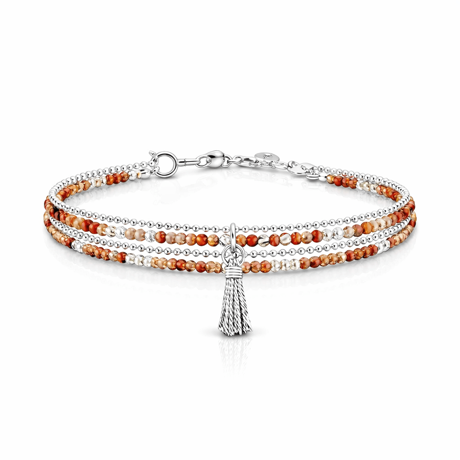 Bracelet multi - rangs femme argent 925 MANGO SMOOTHIE – perles de cornaline diamantées & pendentif pompon – bijoux fait main en argent 925 | Pitch & Néo