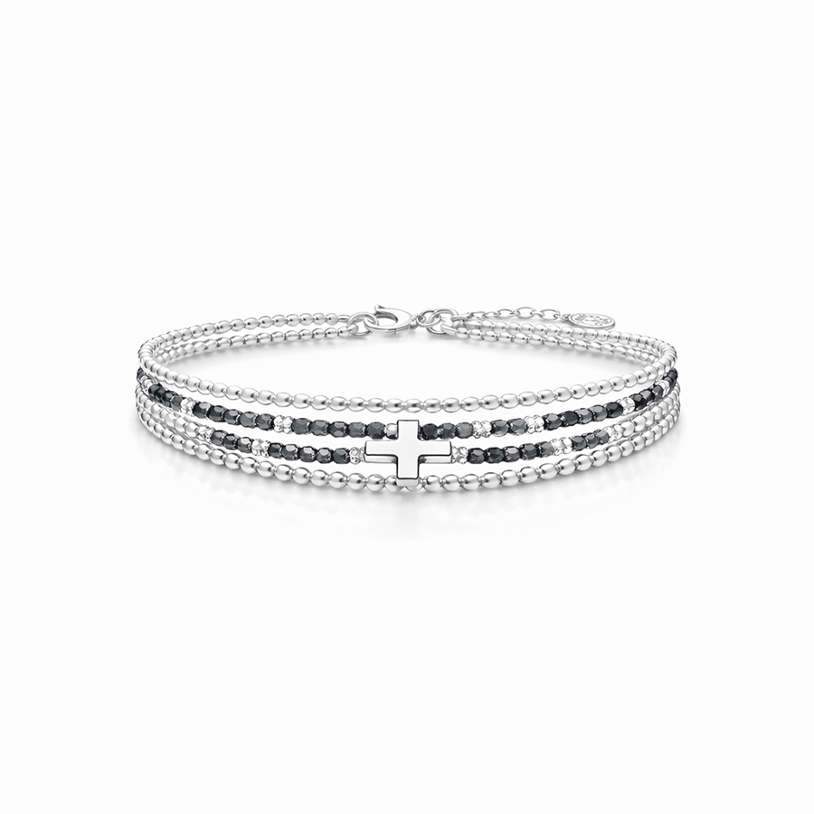 Bracelet multi - rangs femme argent 925 MEET ME IN MY DARK SIDE, LOVER – perles d’hématite facettées & pendentif croix – bijoux fait main en argent 925 | Pitch & Néo