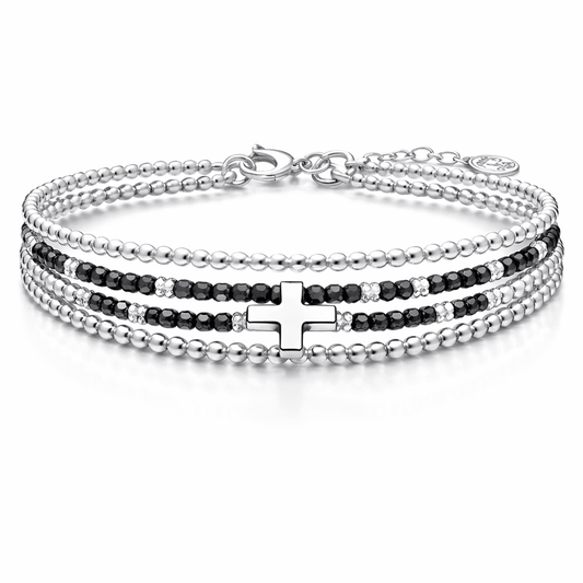 Bracelet multi - rangs perles de tourmaline noire croix femme argent 925 BAD PRAYER – bijoux fait main en argent 925 | Pitch & Néo
